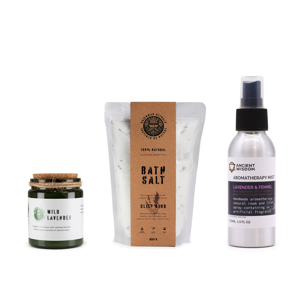 Wild Lavender Woodwick Candle and Sleep Lavender Bath Salts and Lavender & Fennel Room & Linen Mist — three-product routine
