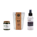Wild Lavender Woodwick Candle and Sleep Lavender Bath Salts and Lavender & Fennel Room & Linen Mist — three-product routine