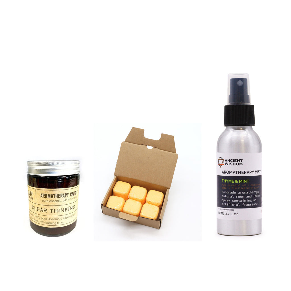 Clear Thinking Aromatherapy Candle and Revitalise Shower Steamers and 100ml Essential Oil Mist - Thyme & Mint — three-product routine