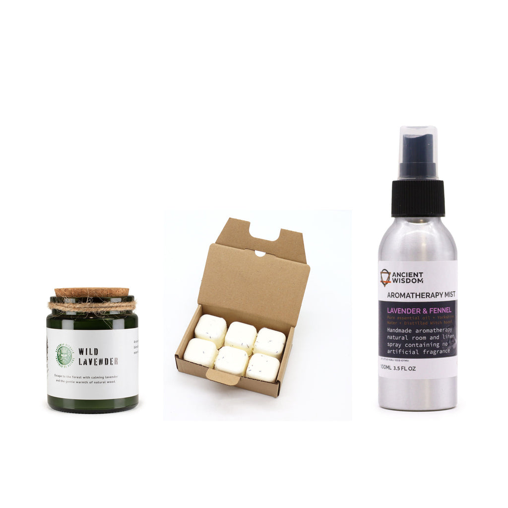 Wild Lavender Woodwick Candle and Deep Sleep Shower Steamers and Lavender & Fennel Room & Linen Mist — three-product routine