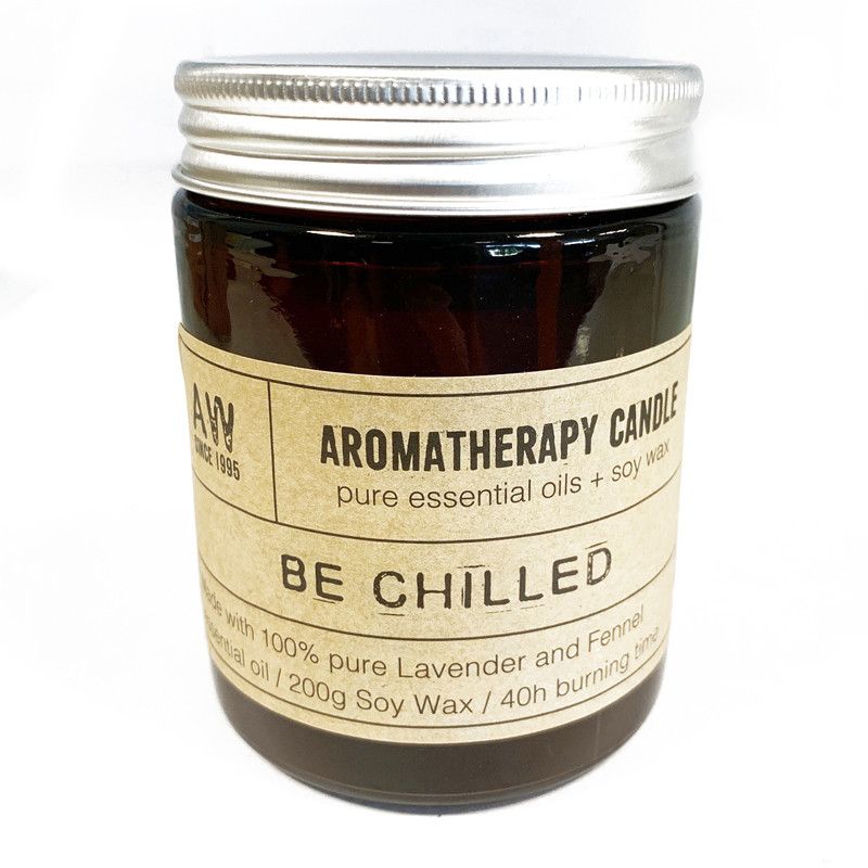 Be Chilled Aromatherapy Candle in an amber glass jar