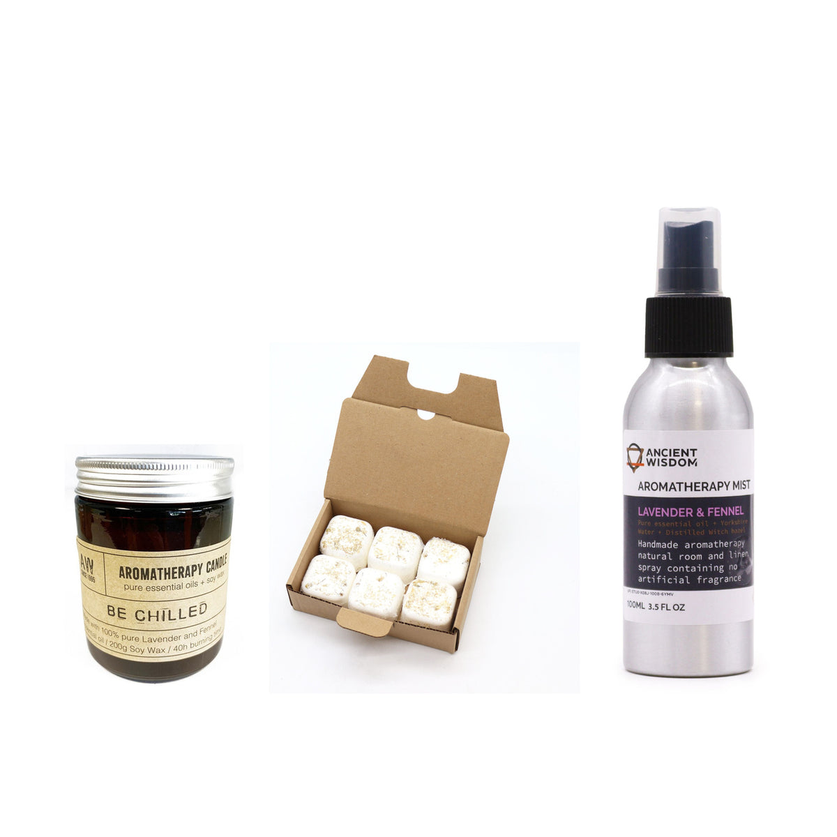 Be Chilled Aromatherapy Candle and Calming Shower Steamers and Lavender & Fennel Room & Linen Mist — three-product routine