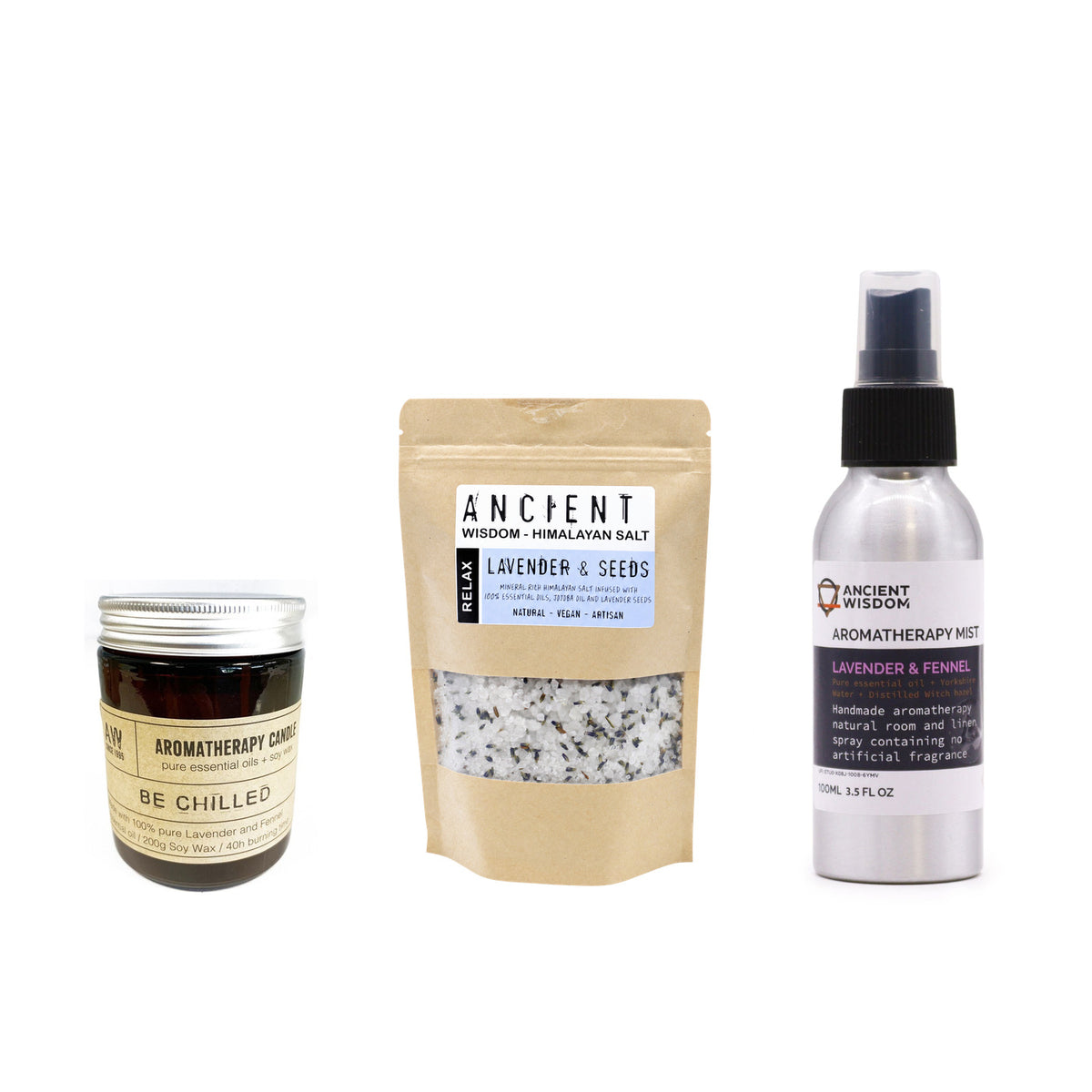 Be Chilled Aromatherapy Candle and Himalayan Relax Bath Salts and Lavender & Fennel Room & Linen Mist — three-product routine